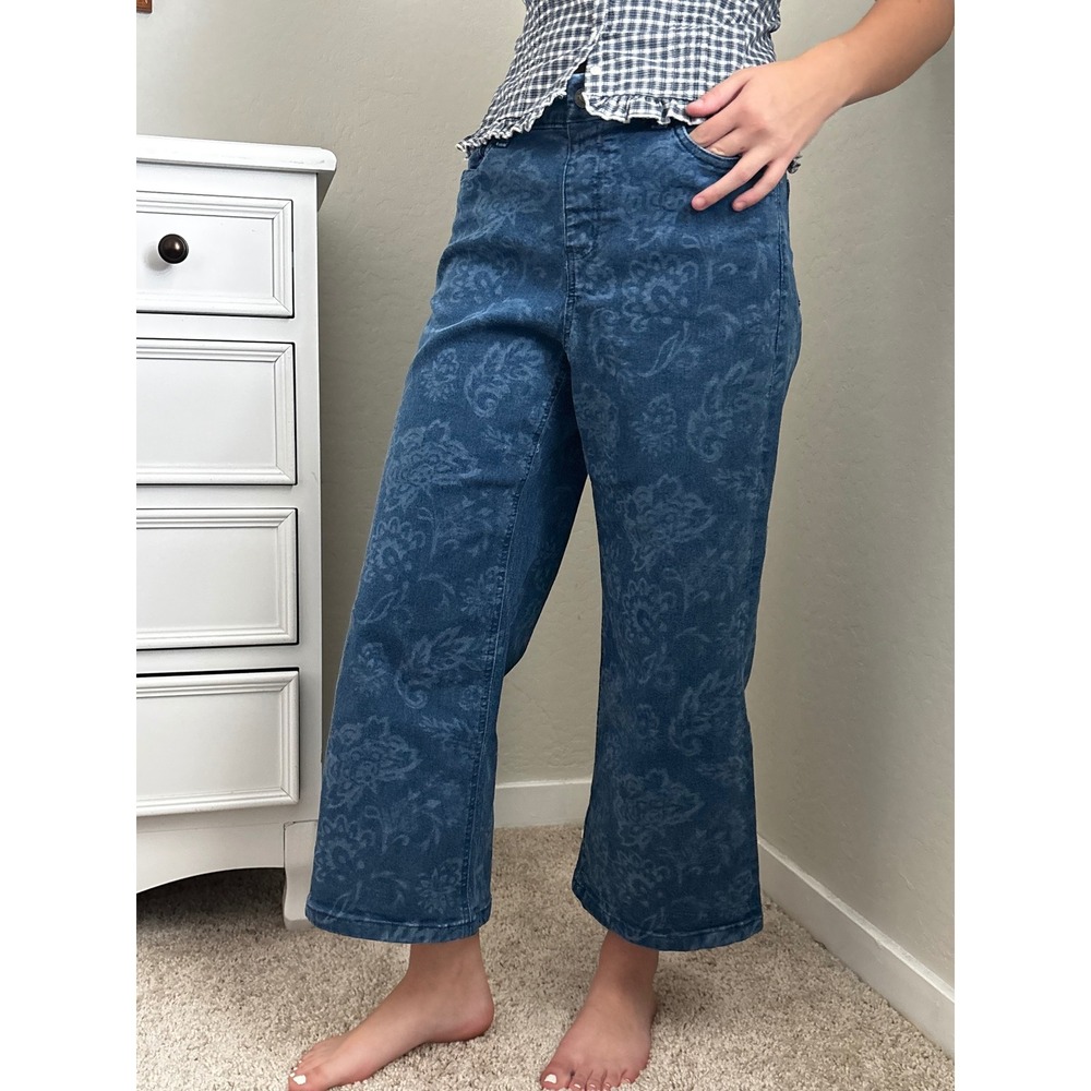 Denim & Co Floral Print Straight Leg Capri Jeans Indigo Petite‎ 6P Stretch Boho